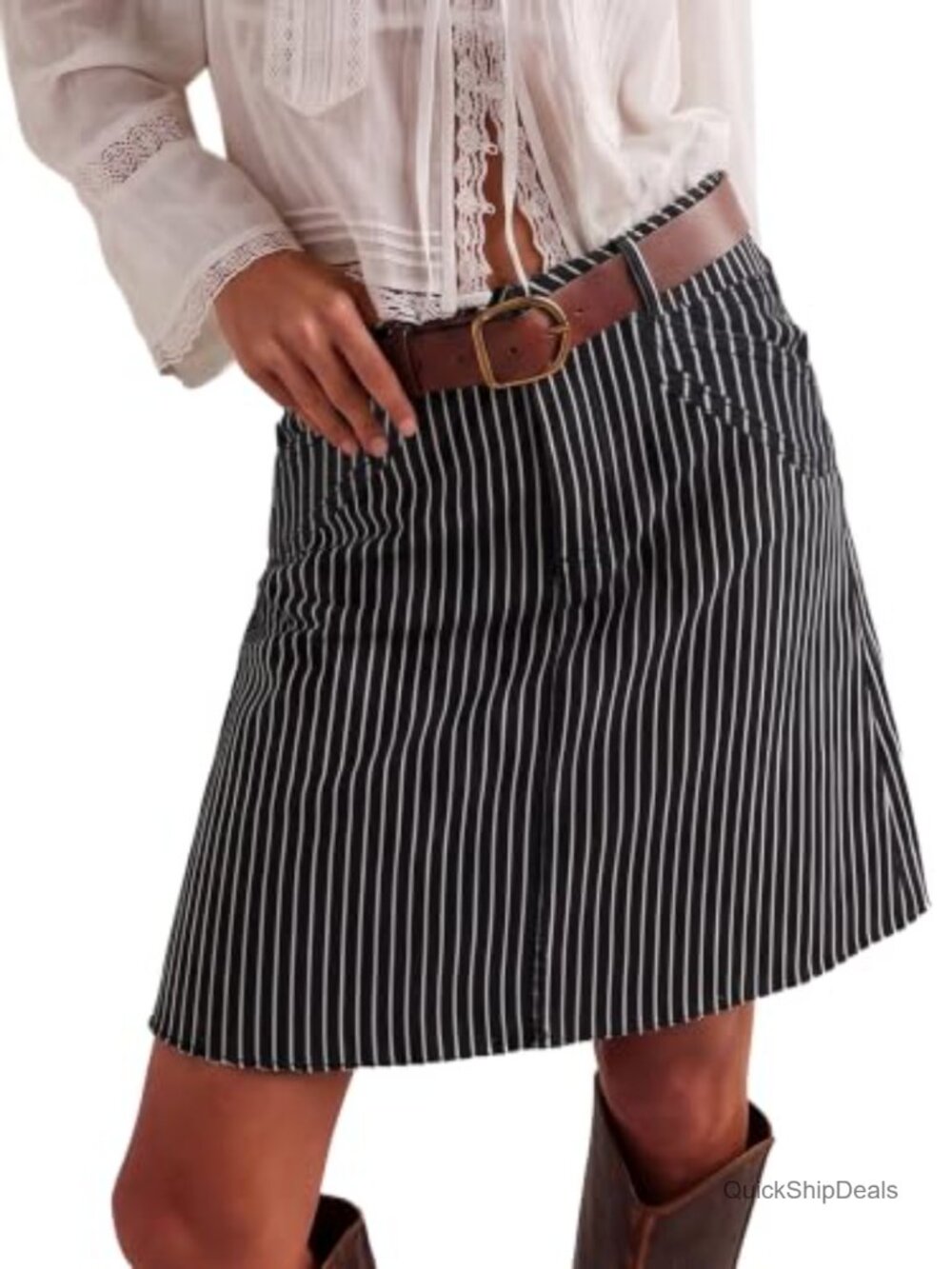 EMMIOL High Waist Stretchy A-Line Denim Jean Skirt Knee Length